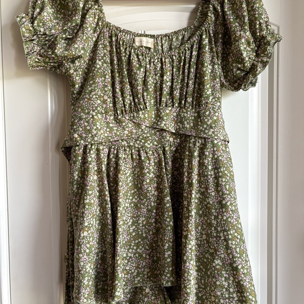 Altar'd State Green and White Puff Sleeve Romper